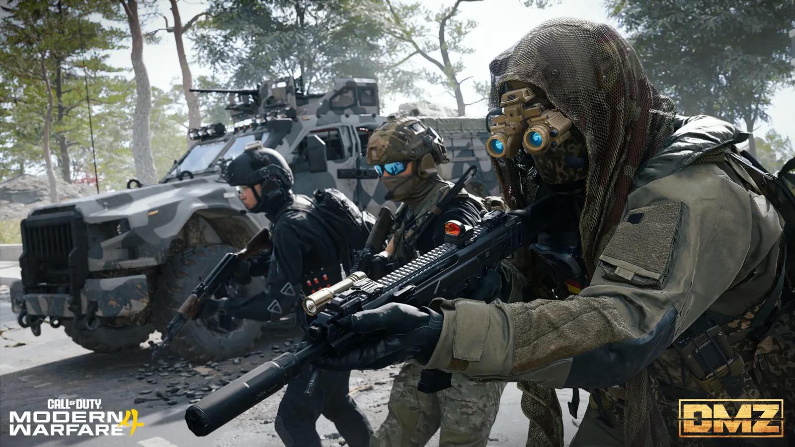 A DMZ squad moving past an armored vehicle in Hajin