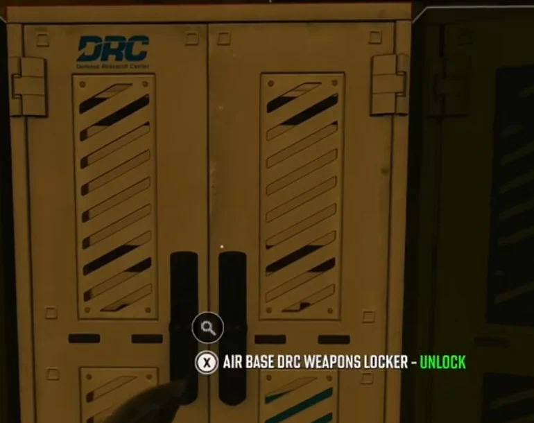 Yellow-and-blue DRC locker with the Air Base DRC Weapons Locker unlock prompt