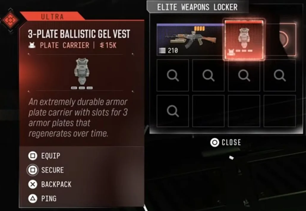 Ultra 3-Plate Ballistic Gel Vest card inside the opened Elite Weapons Locker