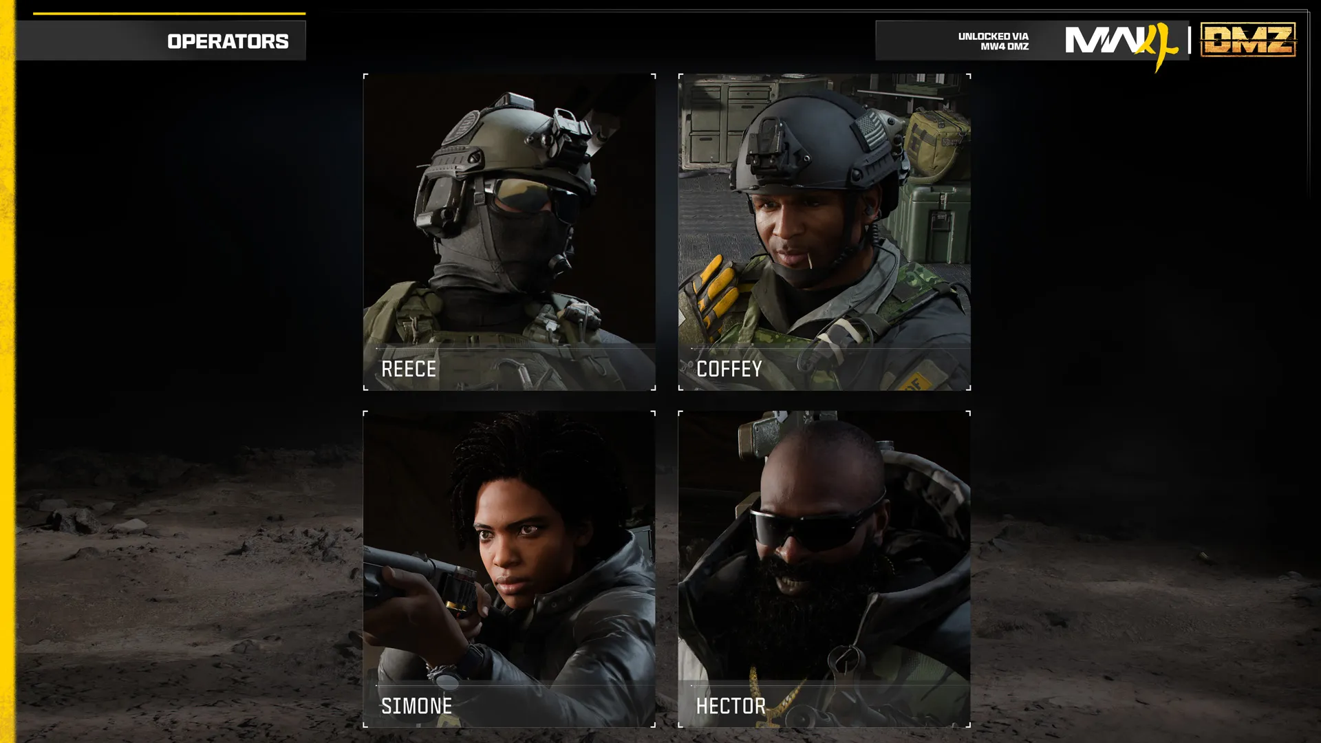 Reece, Coffey, Simone and Hector in the DMZ Operator unlock chart