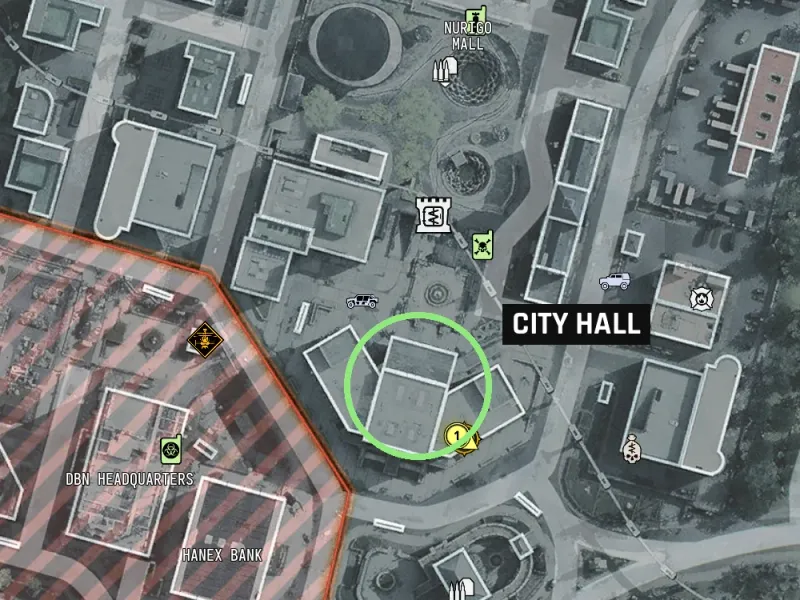 City Hall is shown south of NuriGO Mall, beside the DBN and Hanex buildings. This identifies the building, not the exact ledger pickup.