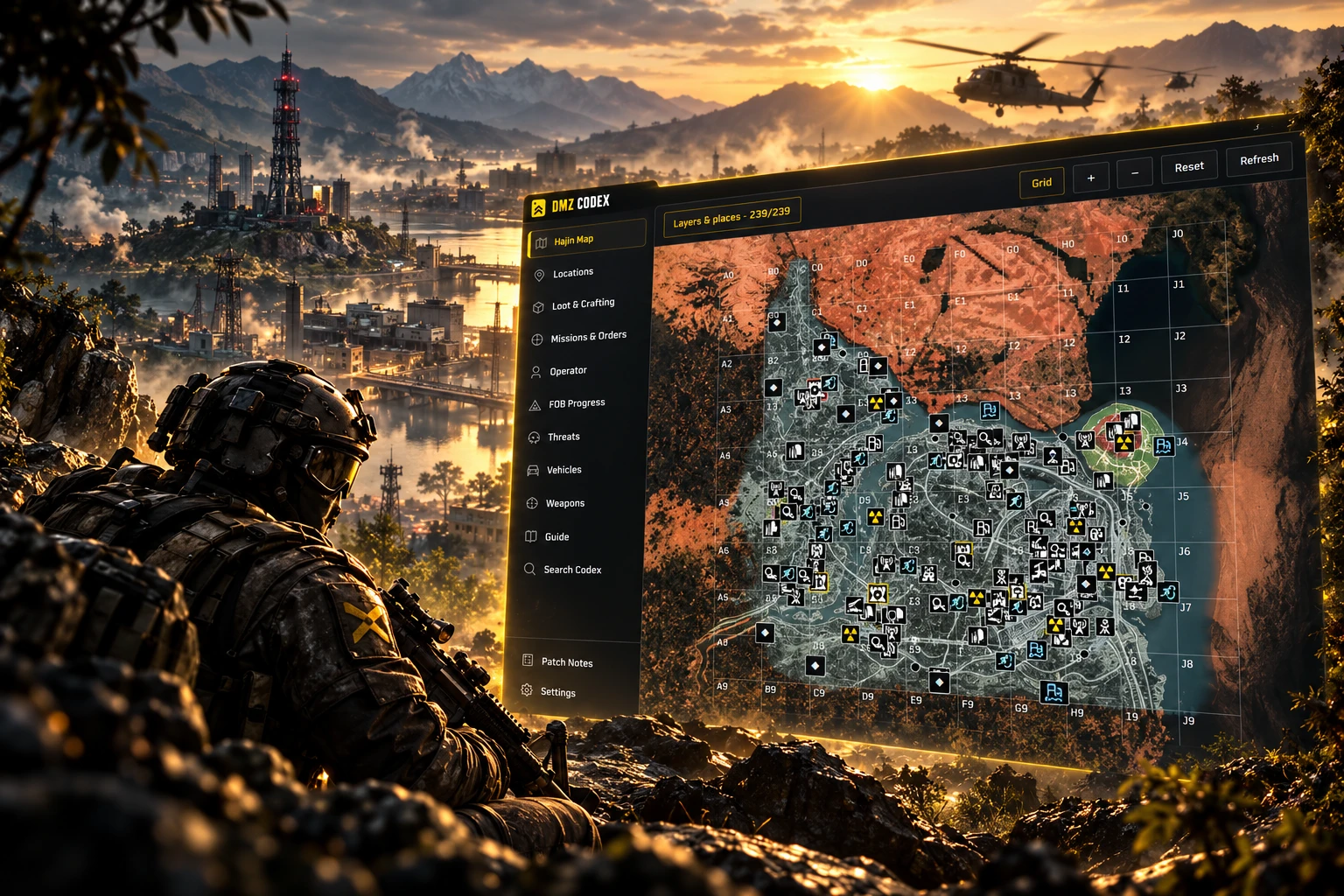 DMZ Codex promotional artwork with the Hajin map interface, a tactical Operator and an extraction helicopter in a cinematic exclusion-zone scene